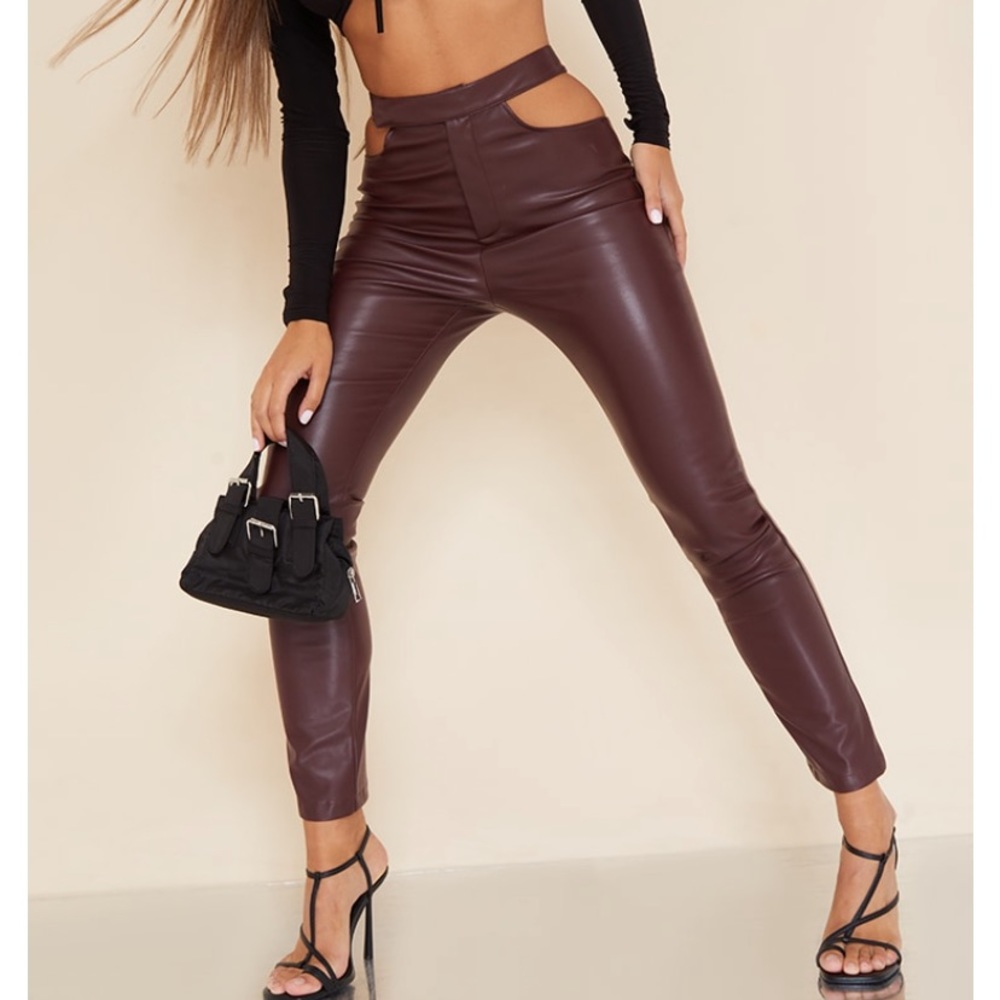 cut out brown leather pants
